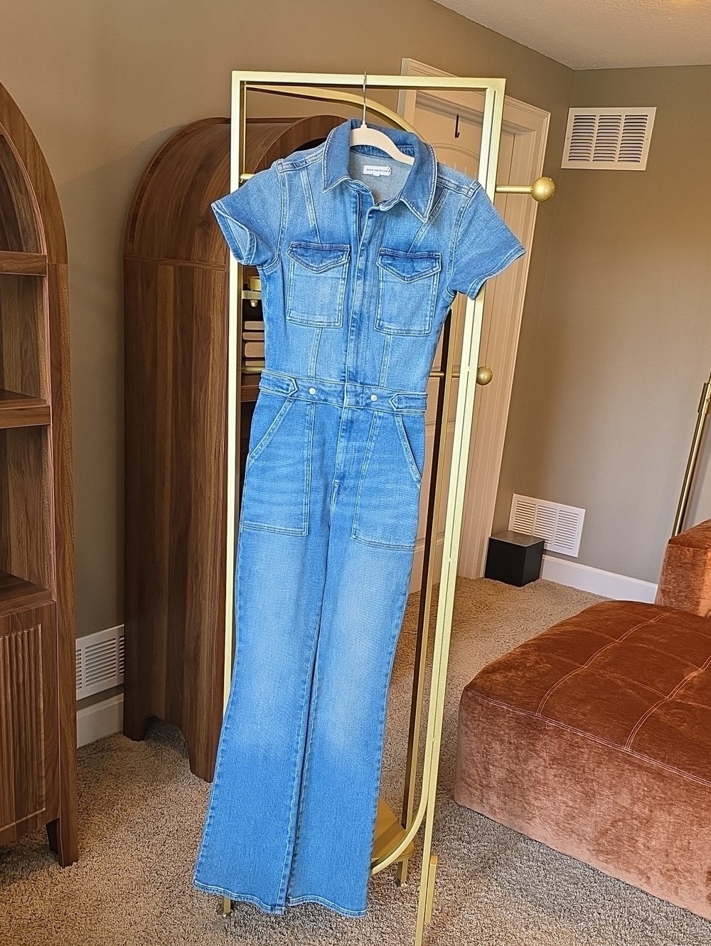 Good American Light Blue Denim Short Sleeve Jumpsuit
